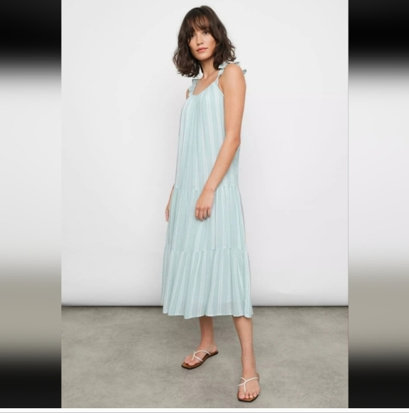 Rails S Mint Blue/Green Tiered‎ Linen Blend Juniper Stripe Capri Midi Dress - Picture 1 of 11